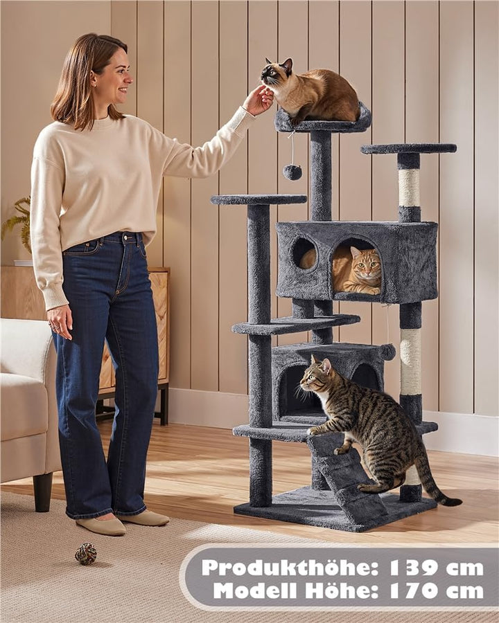 Yaheetech Kratzbaum Kletterbaum 139 cm hoch Katzenkratzbaum, Stabiler Katzenbaum mit 3 Plattformen,