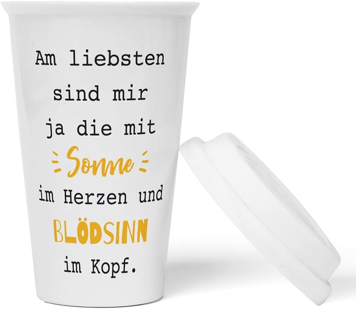 JUNIWORDS To-Go Becher mit Deckel, Am liebsten sind mir ja die mit Sonne im Herzen und Blödsinn im K