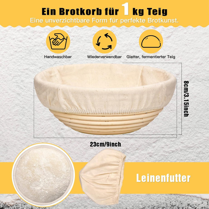Gärkörbchen Set 3-teilig (23cm) rund, aus hochwertigem Rattan mit Leinen-Einsätzen – Sauerteig Gärko