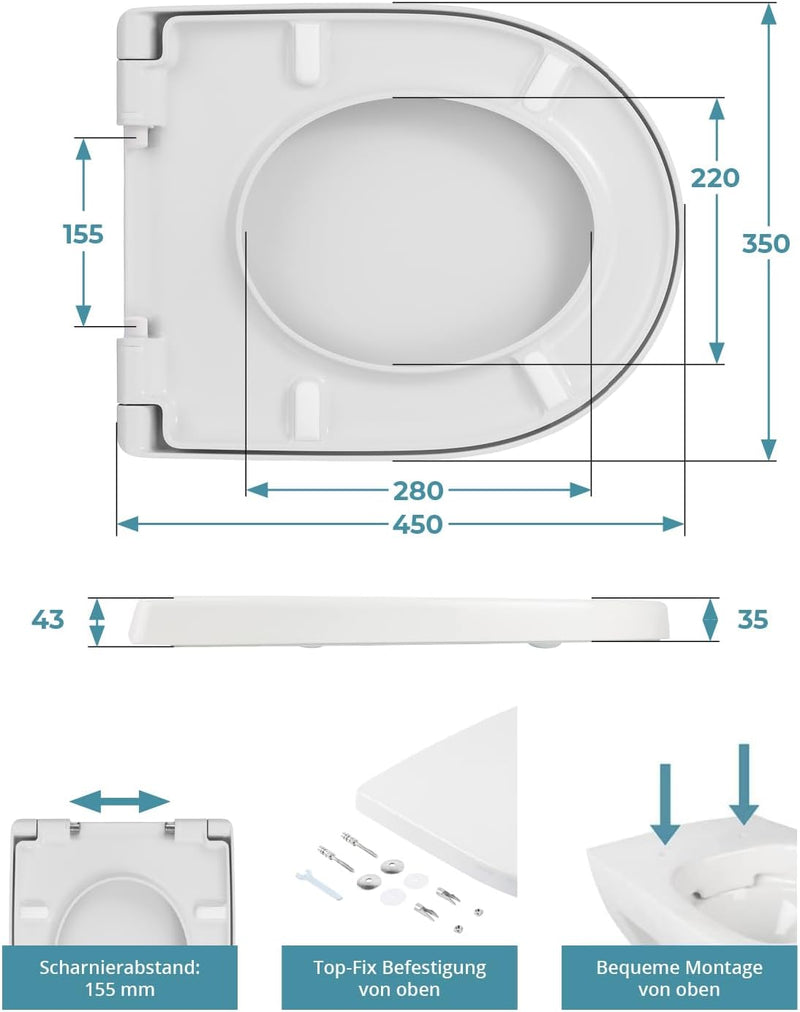 Calmwaters® Antibakterieller WC Sitz für Keramag iCon 204000 & 204060, D-Form mit rostbeständigen Ku