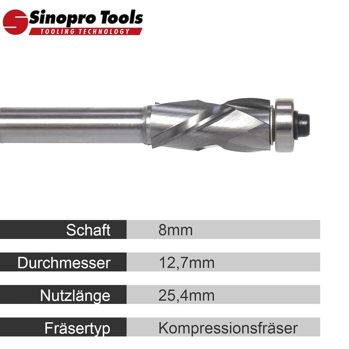 Sinoprotools Spiral Bündigfräser 8mm Schaft,Schnittlänge 25,4mm,Up&Down Kompressions Spiralgenutet,m