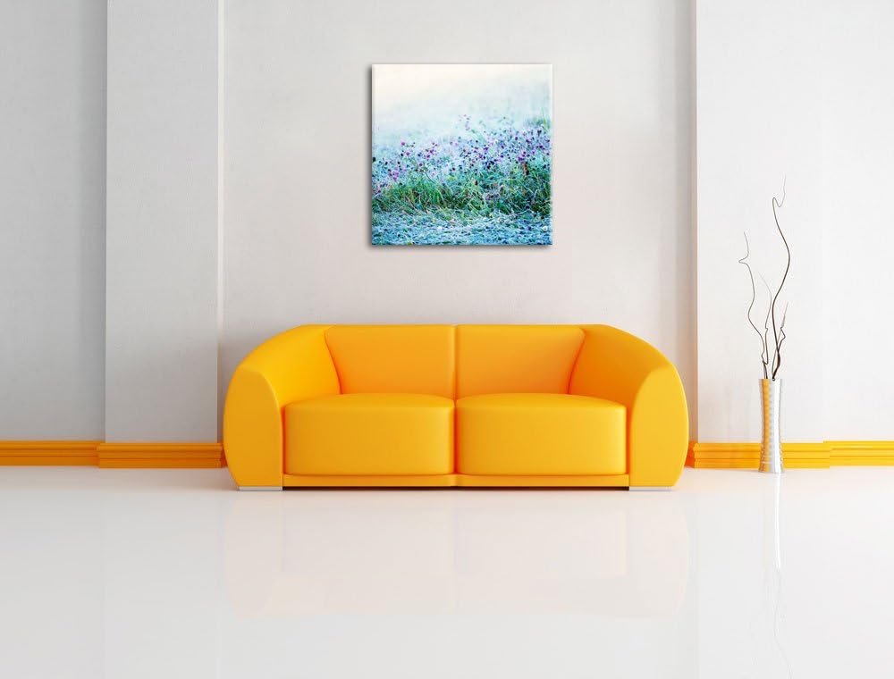 Pixxprint Lila Distel Feld im Retro Look als Leinwandbild | Grösse: 70x70 cm | Wandbild | Kunstdruck