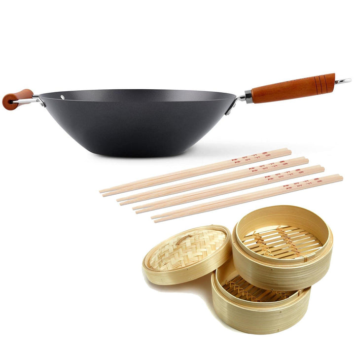 Ken Hom Wok 35 cm antihaftbeschichtet aus Karbonstahl mit Gegengriff - Wok Set inkl. Dampfkorb 20 cm