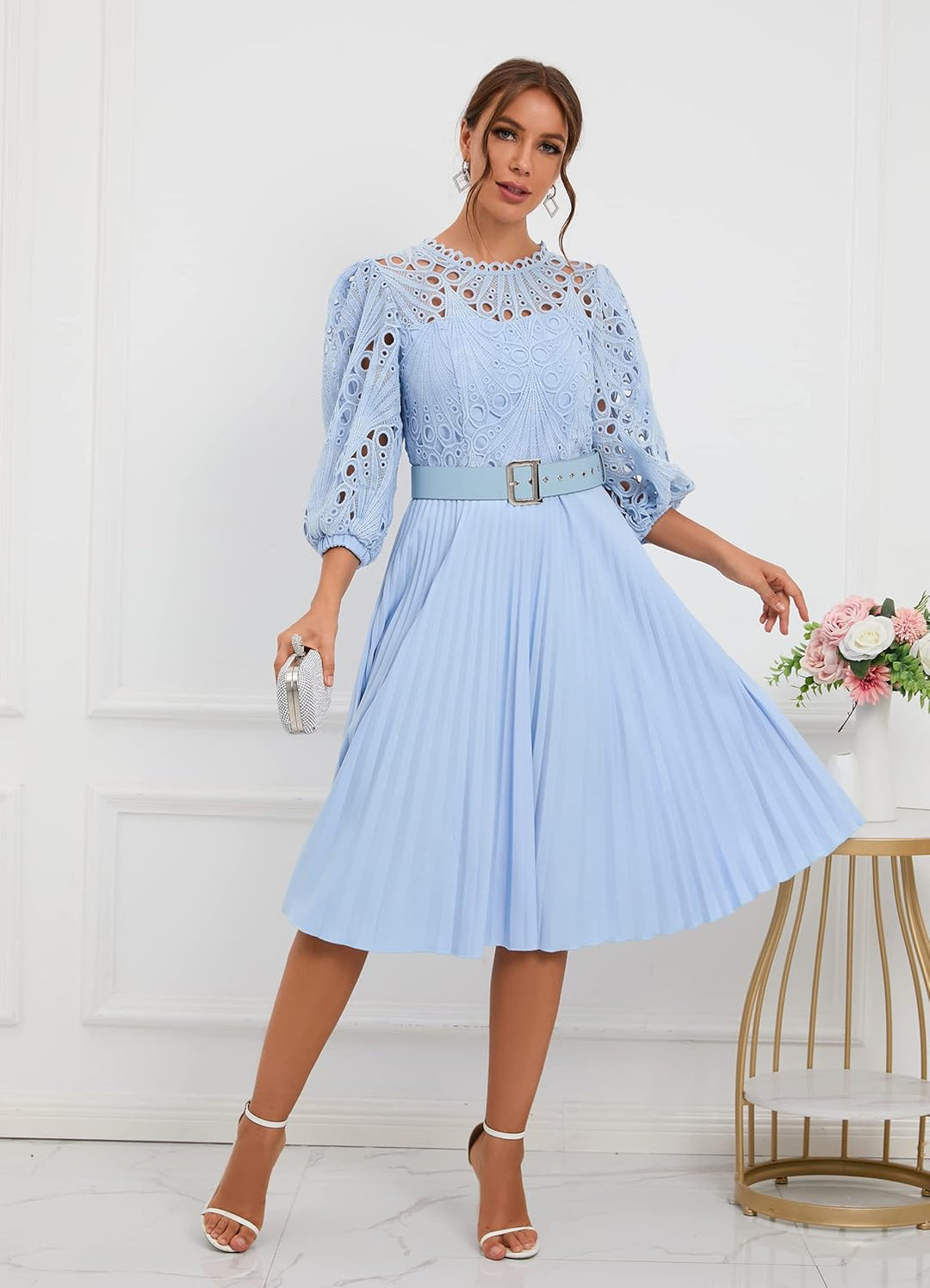 IWFEV Spitzenkleid, plissiert, Puffärmel, wadenlang, kurze Ärmel, Midi-Kleid, hohles Party-Abendklei