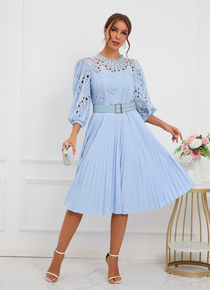 IWFEV Spitzenkleid, plissiert, Puffärmel, wadenlang, kurze Ärmel, Midi-Kleid, hohles Party-Abendklei
