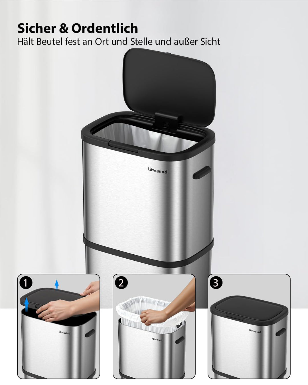 lovewind Mülleimer Küche 60L Edelstahl, Abfalleimer küche mit Deckel, Soft-Close Verschluss, Werkzeu