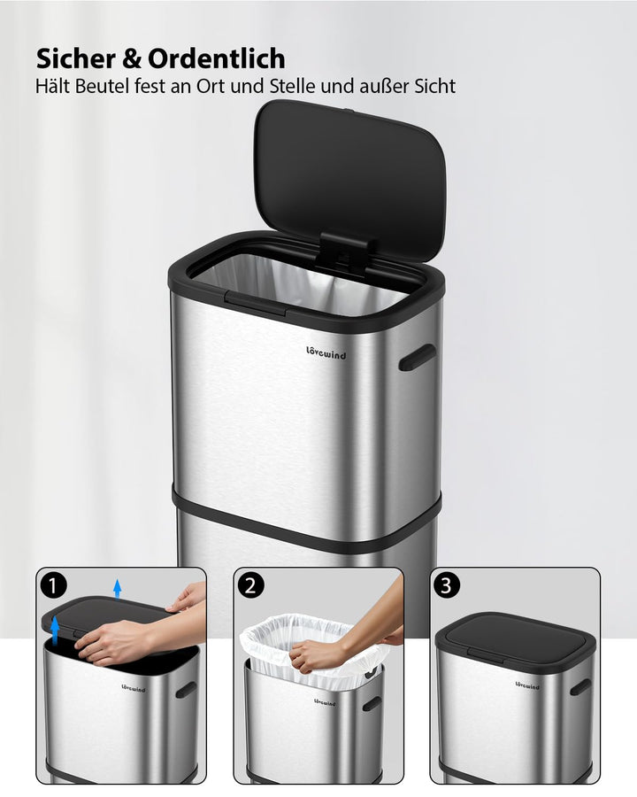lovewind Mülleimer Küche 60L Edelstahl, Abfalleimer küche mit Deckel, Soft-Close Verschluss, Werkzeu