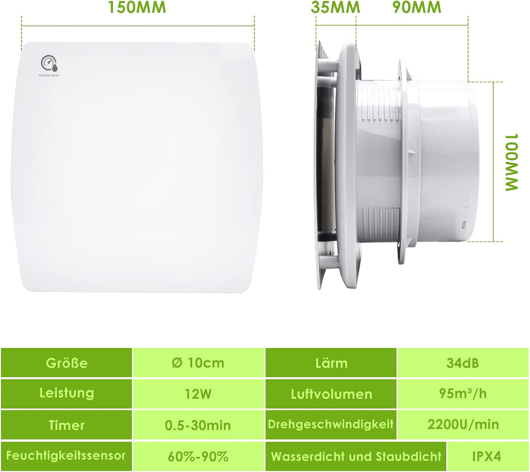 Herrselsam Badlüfter 100mm mit Feuchtigkeitssensor und Rückstauklappe timer, Badezimmerlüfter Wohnra