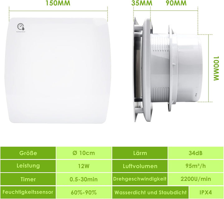 Herrselsam Badlüfter 100mm mit Feuchtigkeitssensor und Rückstauklappe timer, Badezimmerlüfter Wohnra