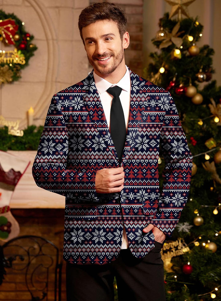 BesserBay Herren Weihnachtsblazer Bedruckte Langarm Anzugjacke Xmas Kostüm Blazer Slim Fit Blazer Fr