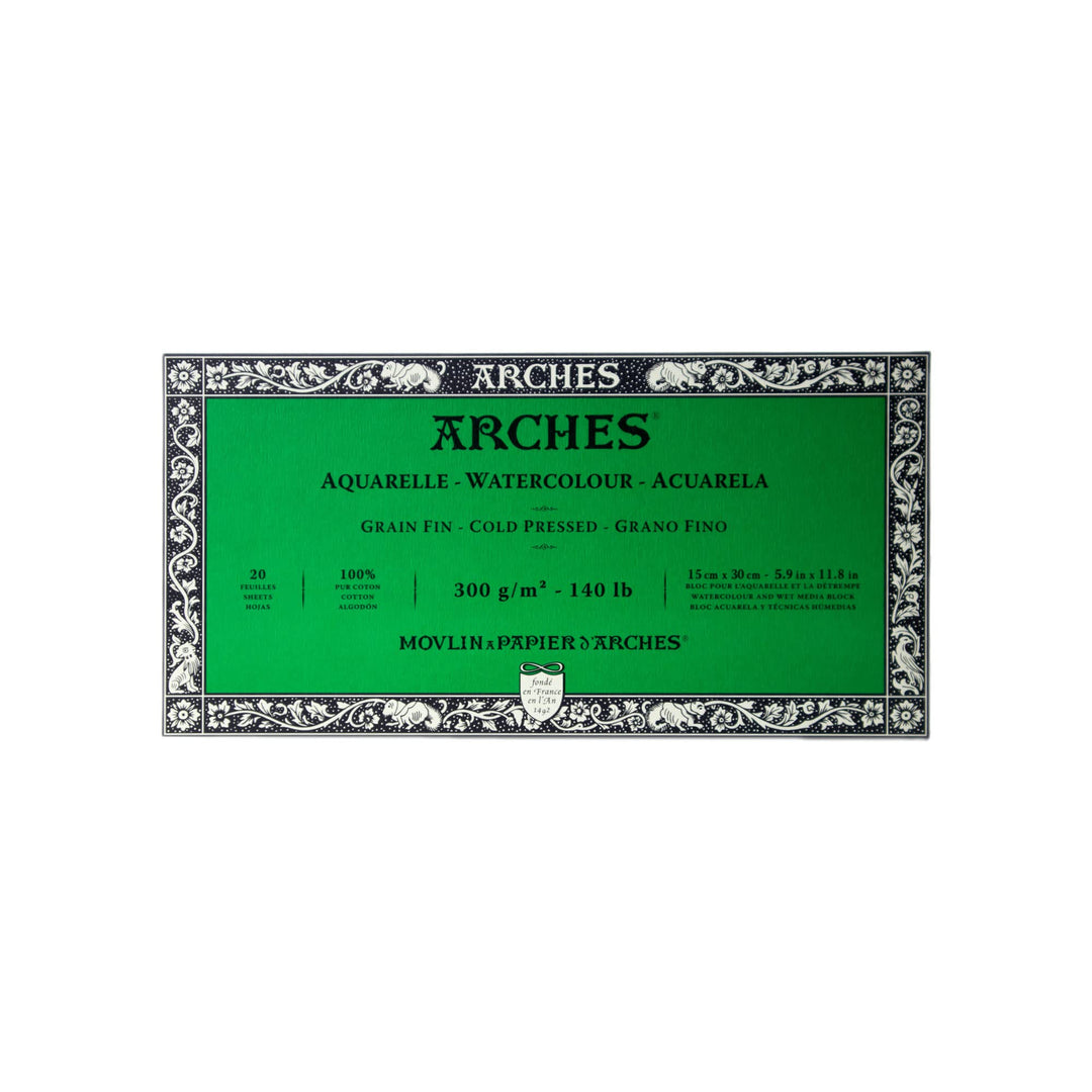 Arches 1795057 Aquarellpapier im Block (15 x 30 cm, 4-seitig geleimt, 300g/m² Feinkorn) 20 Blatt nat
