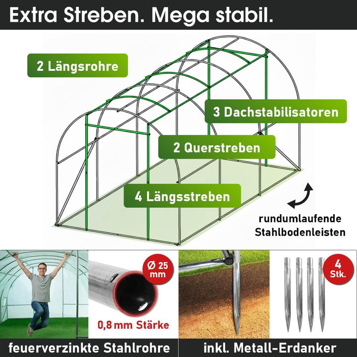 BRAST® Gewächshaus Foliengewächshaus mit Stahlfundament 4 Grössen 2x3m 3x4m 3x6m 3x8m Erdanker Gitte