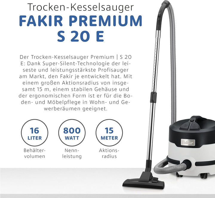Fakir Premium S 20 E - Kesseltrockensauger mit 4-fach-Filtersystem I Sehr leiser Staubsauger mit HEP