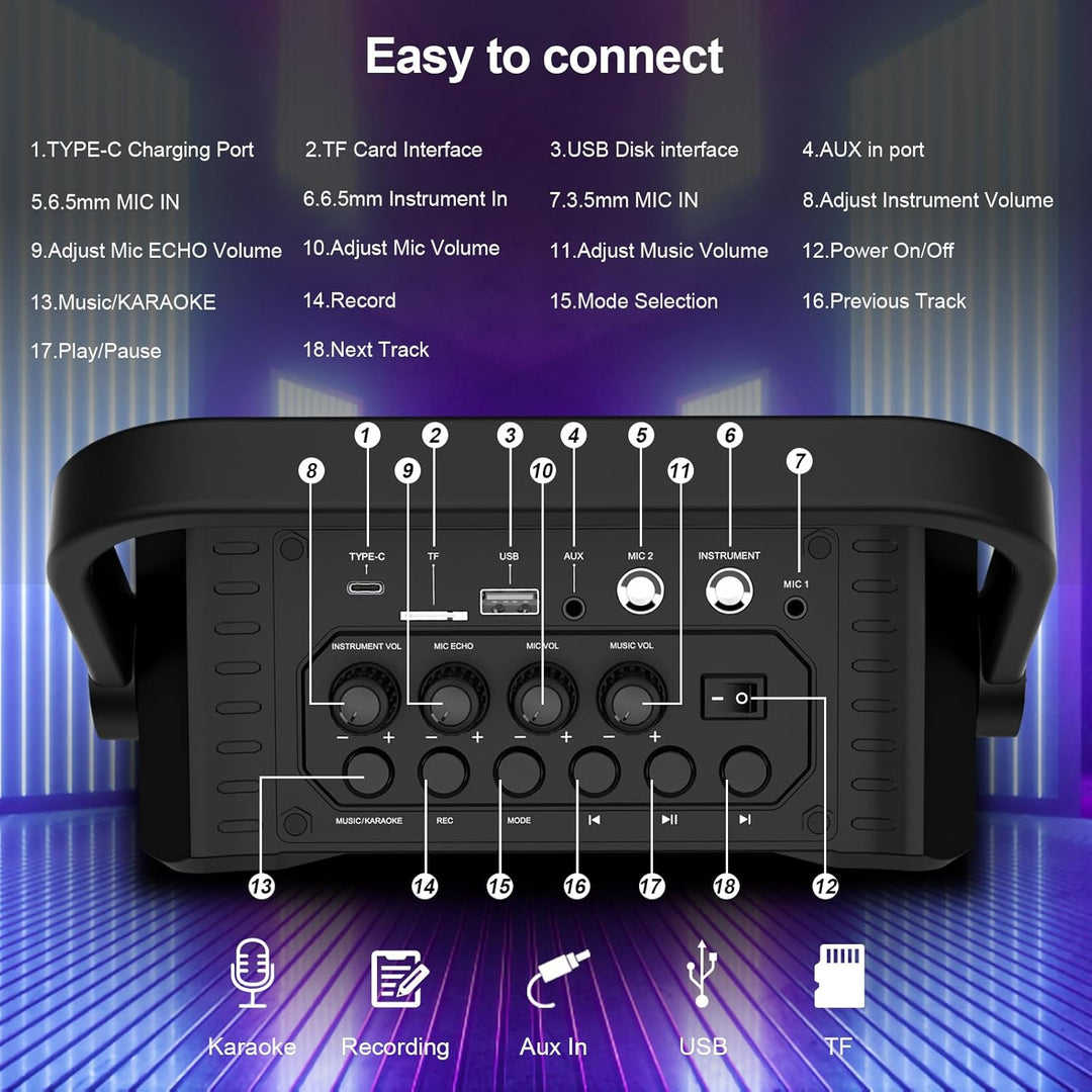 Sprachverstärker mit 2 drahtlosen UHF Mikrofonen,Karaoke Maschine PA-System,Tragbarer Bluetooth Laut