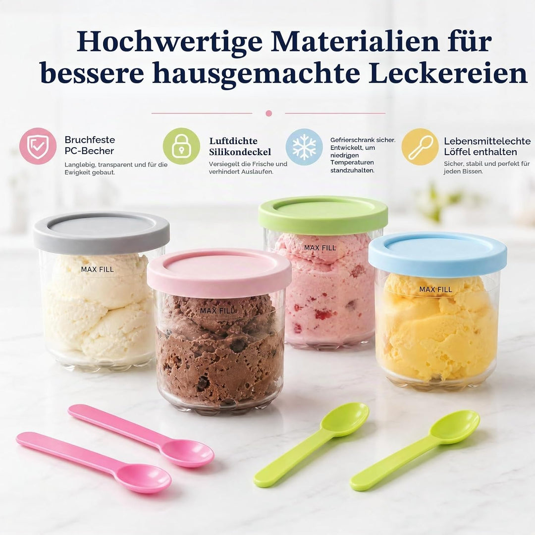 4er-Set Ersatzbehälter Mit 4 Löffel, 473ml Eisbehälter Und Abdeckung, Kompatibel Mit Ninja Creami NC