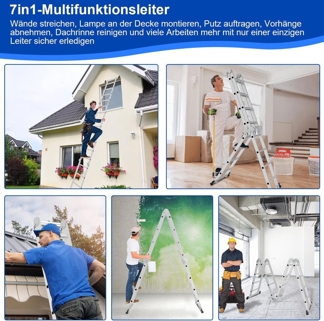 Fiqops 4x4 Mehrzweckleiter 470cm 7 in 1 Alu Leiter Vielzweckleiter Klappleiter Haushaltsleiter Arbei