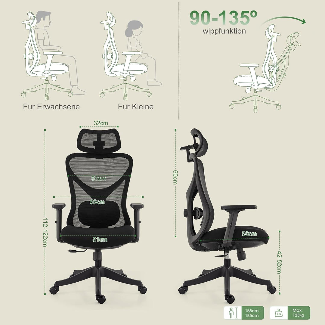 CALIYO G-1635H Bürostuhl Ergonomisch, Schreibtischstuhl mit Verstellbarer Kopfstütze, Armlehnen, Len