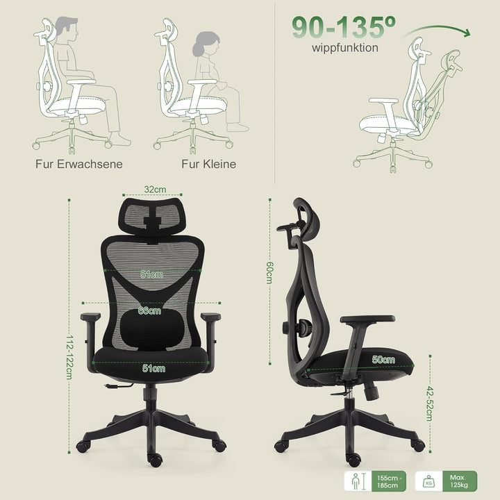 CALIYO G-1635H Bürostuhl Ergonomisch, Schreibtischstuhl mit Verstellbarer Kopfstütze, Armlehnen, Len