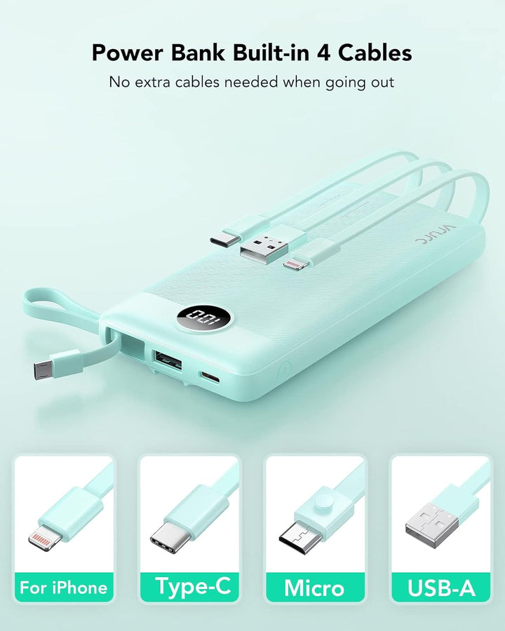 VRURC Powerbank mit Kabel 10000mAh Power Bank Tragbares Ladegerät USB C Externer Handy Akkus LED Dis