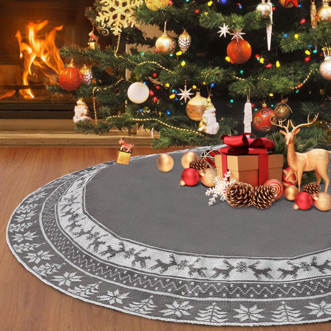 Weldomcor Weihnachtsbaum Rock 90cm Gestrickte Weihnachtsbaumdecke Pad Runde Elch Schneeflocken Gross