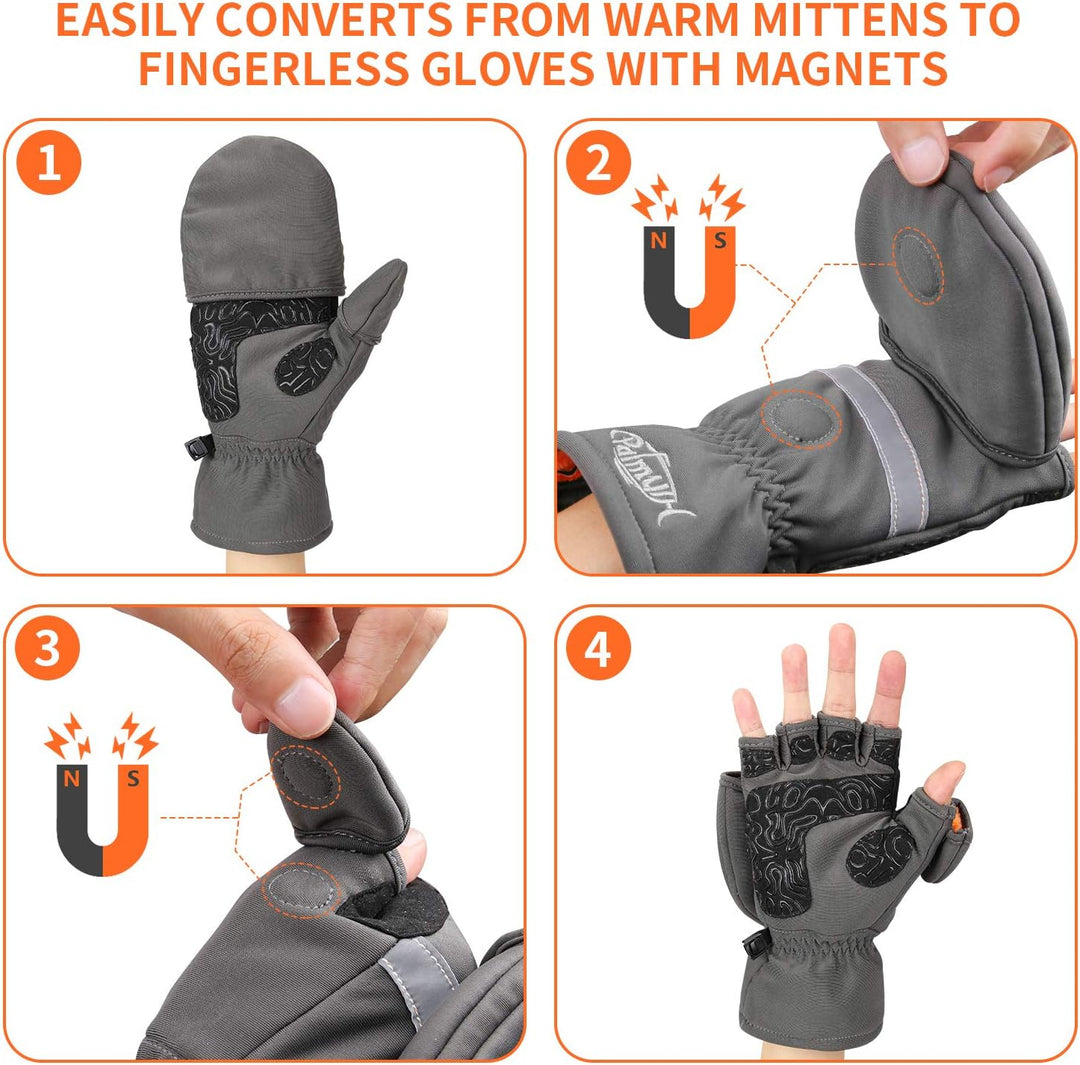 Palmyth Eisfischhandschuhe, umwandelbare Fäustlinge, Flip-Fingerless-Fäustlinge mit Thinsulate 3M, w