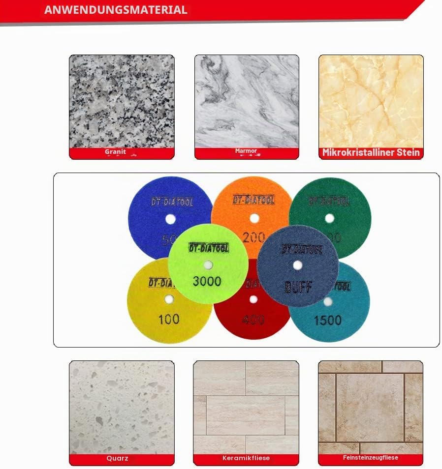 DT-DIATOOL Trockene Diamant Schleifpad 100mm 8 Stücke #100 für Granit Marmor Keramik Körnung 100, Kö