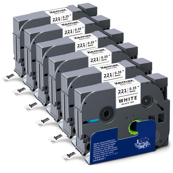 6x XemaX Kompatibel TZe-221 9mm Brother Ersatz für Brother TZe-221 9mm Schriftband P-Touch Tape Weis