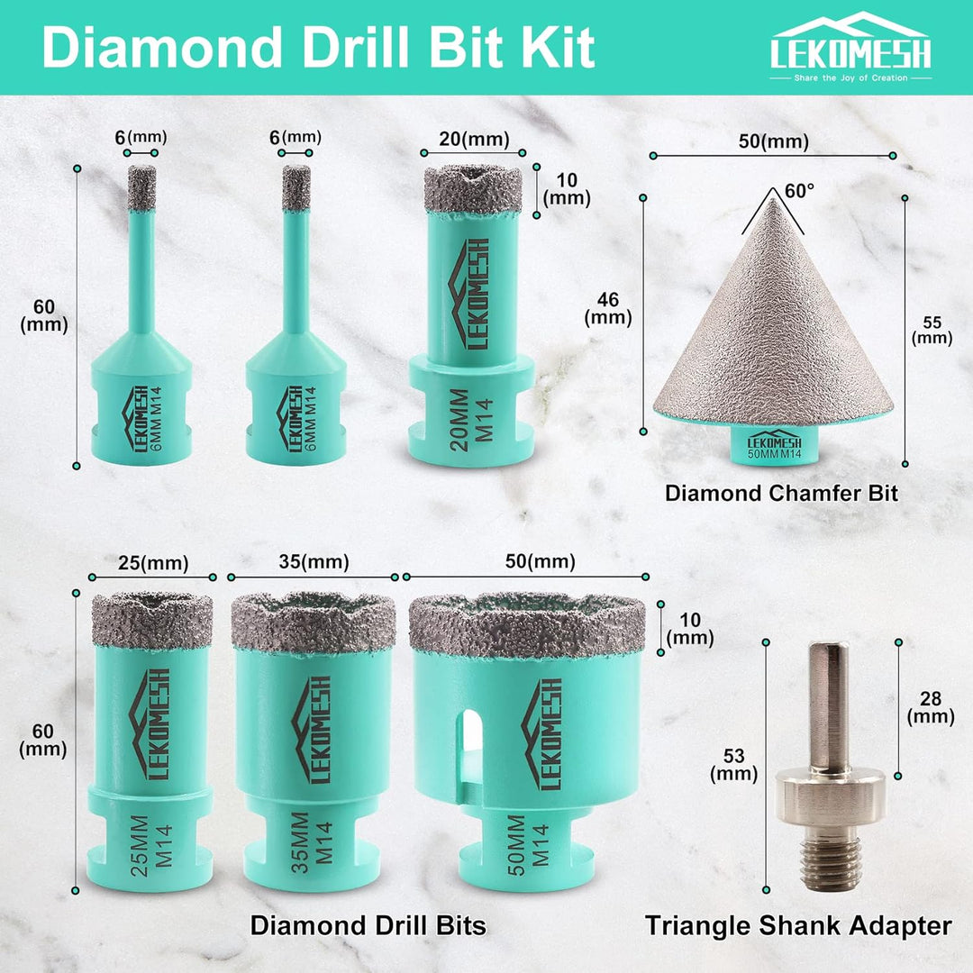 Diamant Bohrkrone Kit - 8pcs (6/6/20/25/35/50mm+50mm Diamant Fasenfräser+Adapter) LEKOMESH Diamant L