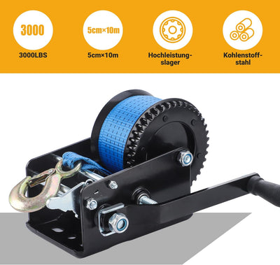 Pindex Handseilwinde Seilwinde mit 10m Polyester Seilzug, 1365kg, 4:1 8:1, Manuelle Handseilzug Boot