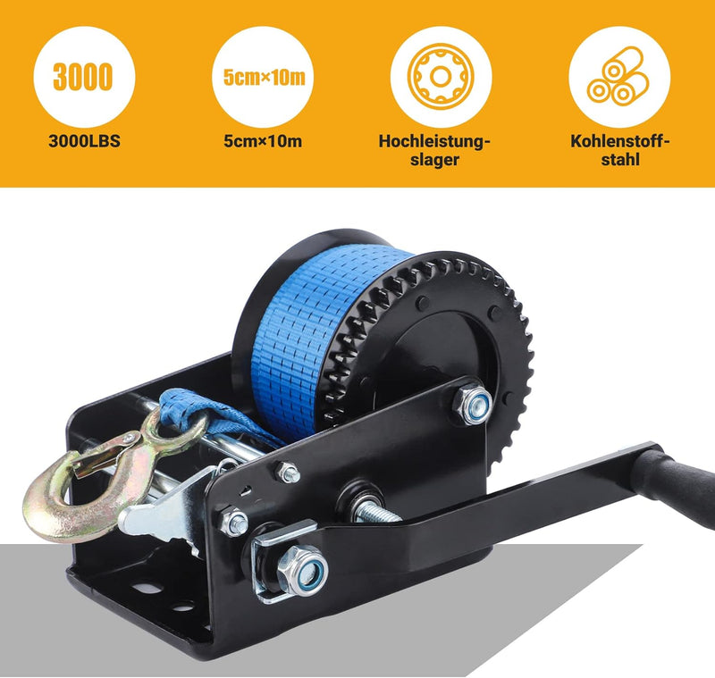 Pindex Handseilwinde Seilwinde mit 10m Polyester Seilzug, 1365kg, 4:1 8:1, Manuelle Handseilzug Boot