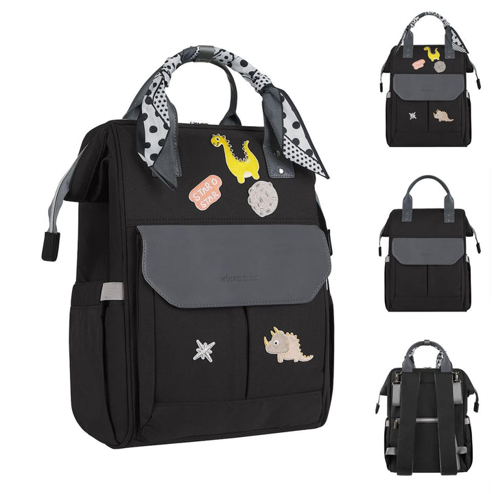 Kikkaboo Wickeltasche Myla Rucksack, Wickeltasche, abnehmbarer Aufkleber Dino Schwarz, Schwarz