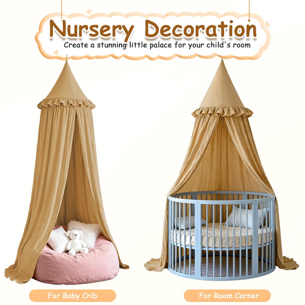 HOTUT Kinderzimmer Baldachin Vintage Nougat,Prinzessin Kinderbetthimmel mit Rüschen,Betthimmel Babyb