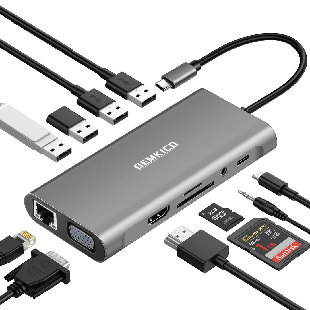 11-in-1 USB C Hub Multiport Adapter mit 4K HDMI, 1080P VGA, 100W PD, USB 3.0, USB 2.0 Anschlüssen, E