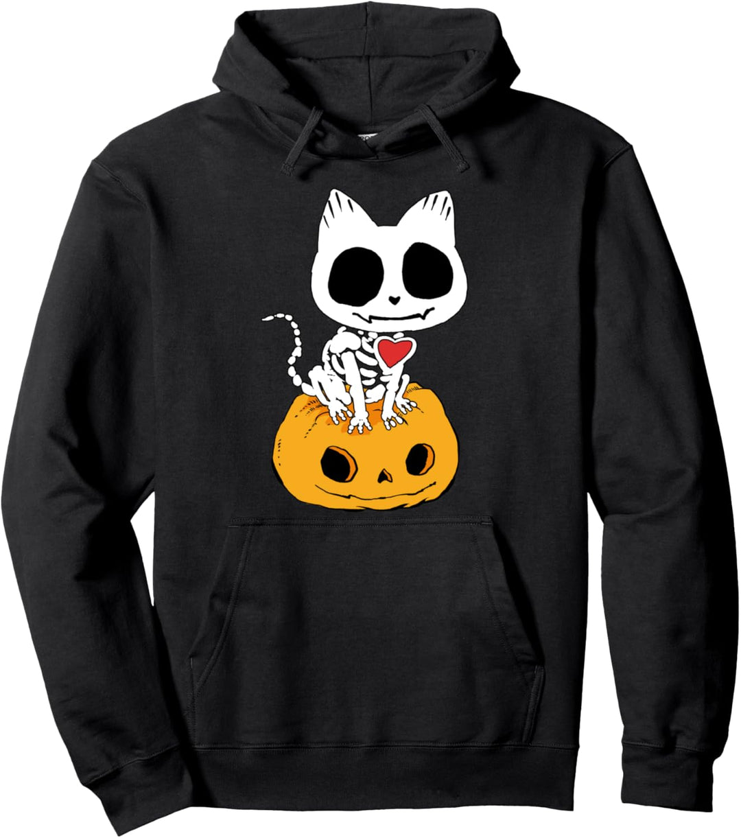 Katze auf Kürbisskelett Halloween behandeln Pullover Hoodie