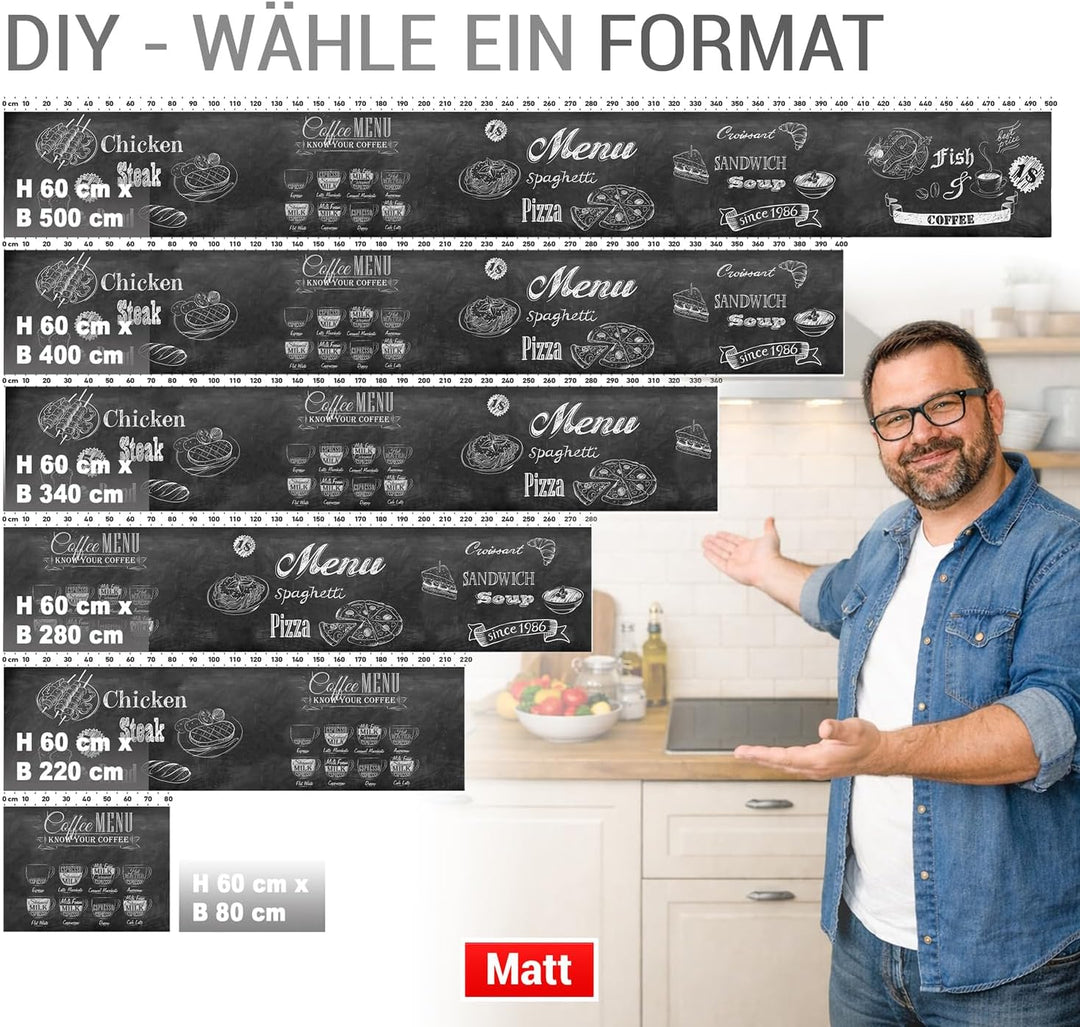 StickerProfis Küchenrückwand selbstklebend Glasoptik - Bistro MENU - 1.8mm, Versteift, alle Untergrü