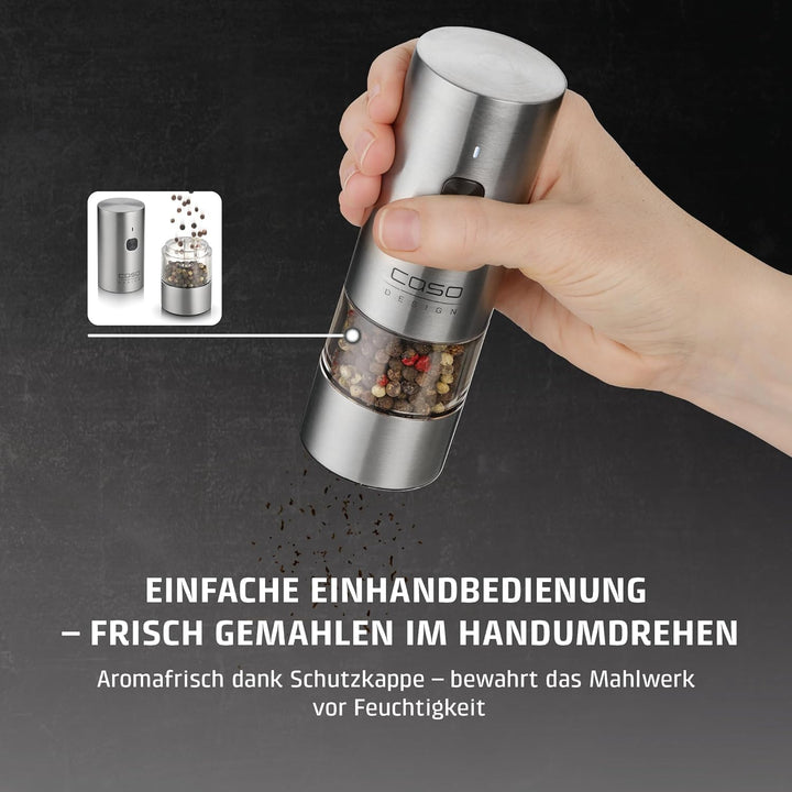 CASO SpiceDuo Elektrische Salz- & Pfeffermühle Set – Edelstahl Gewürzmühlen mit Keramikmahlwerk, stu