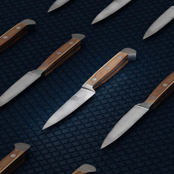 GÜDE Solingen - Spickmesser geschmiedet, 10 cm, Olivenholz, ALPHA OLIVE, Office Messer, Doppelkropf,