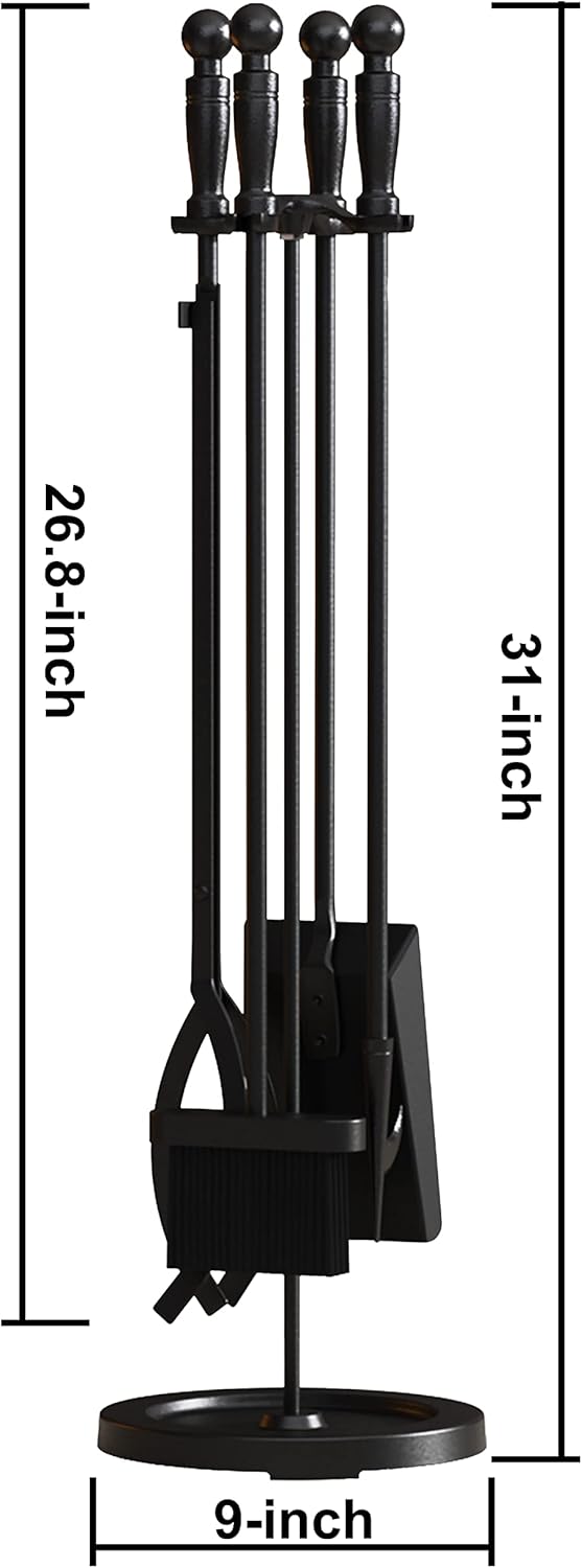 FireBeauty Kaminbesteck Set 5 Stück Schmiedeeisen Feuerstelle Schürhaken Halter 78,7 cm H (Schwarz),