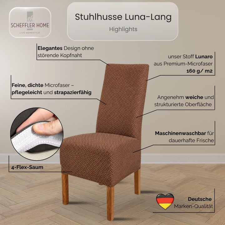 SCHEFFLER-Home Stuhlhussen Stretch Luna-Lang/Stuhlüberzug 4er Set Braun/elastische Flanell Stuhlabde