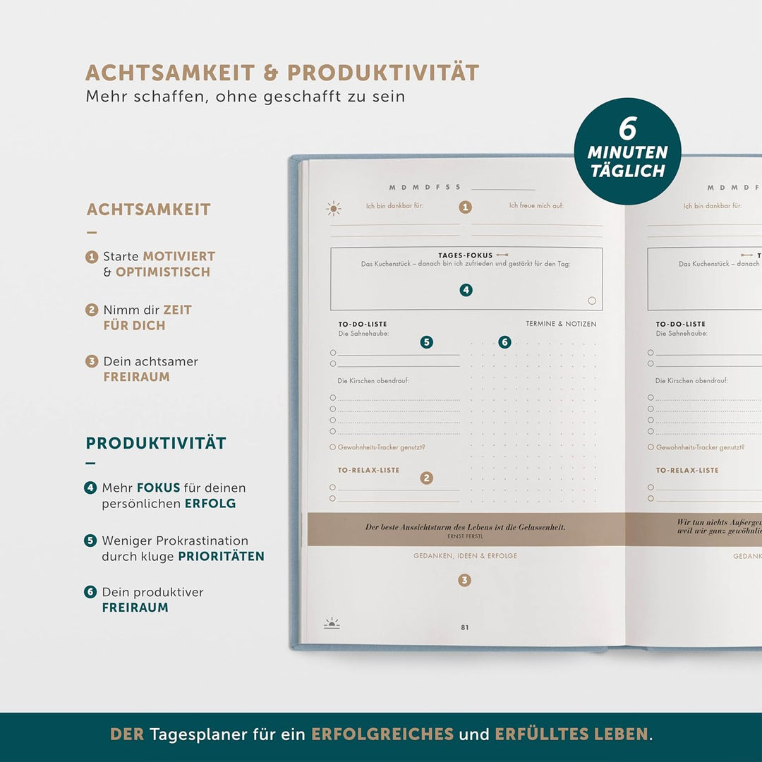 Das 6-Minuten Erfolgsjournal | Tagesplaner für mehr Motivation, Selbstreflexion & Erfolg | A5, undat