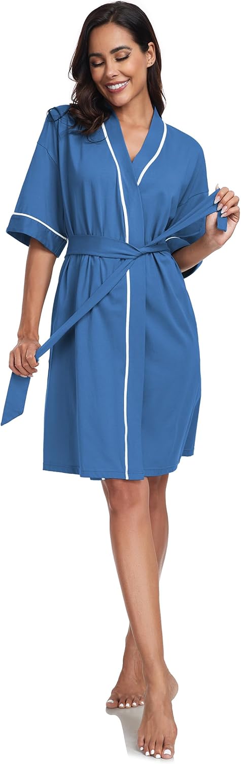 COLORFULLEAF 100% Baumwolle Bademantel Damen Kurz Morgenmantel Leicht Knielang Kimono Saunamantel Na