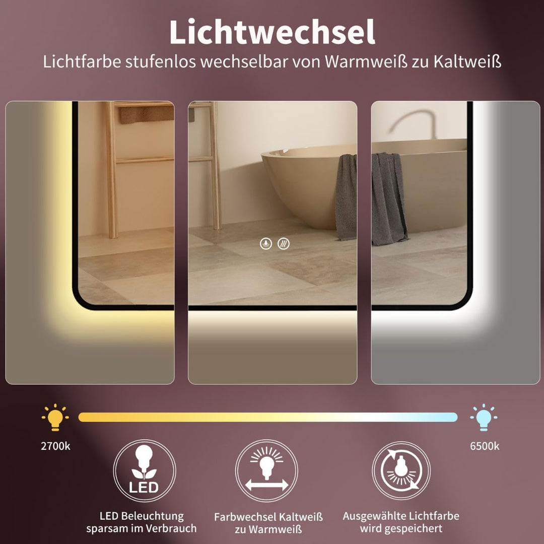 HOKO Antibeschlag LED Badspiegel 50x70 cm / 70x50 cm Kalifornien mit Schwarzer Metallrahmen, HOCH+QU
