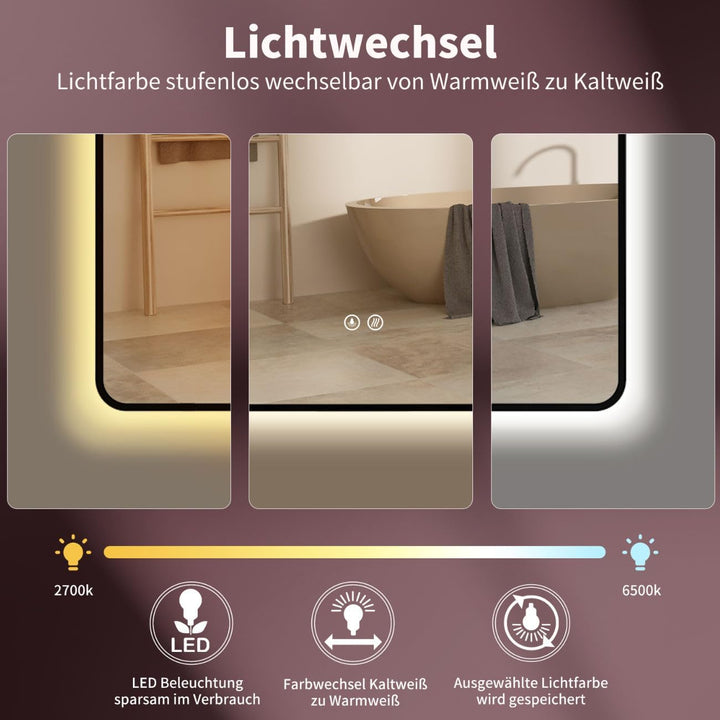 HOKO Antibeschlag LED Badspiegel 50x70 cm / 70x50 cm Kalifornien mit Schwarzer Metallrahmen, HOCH+QU