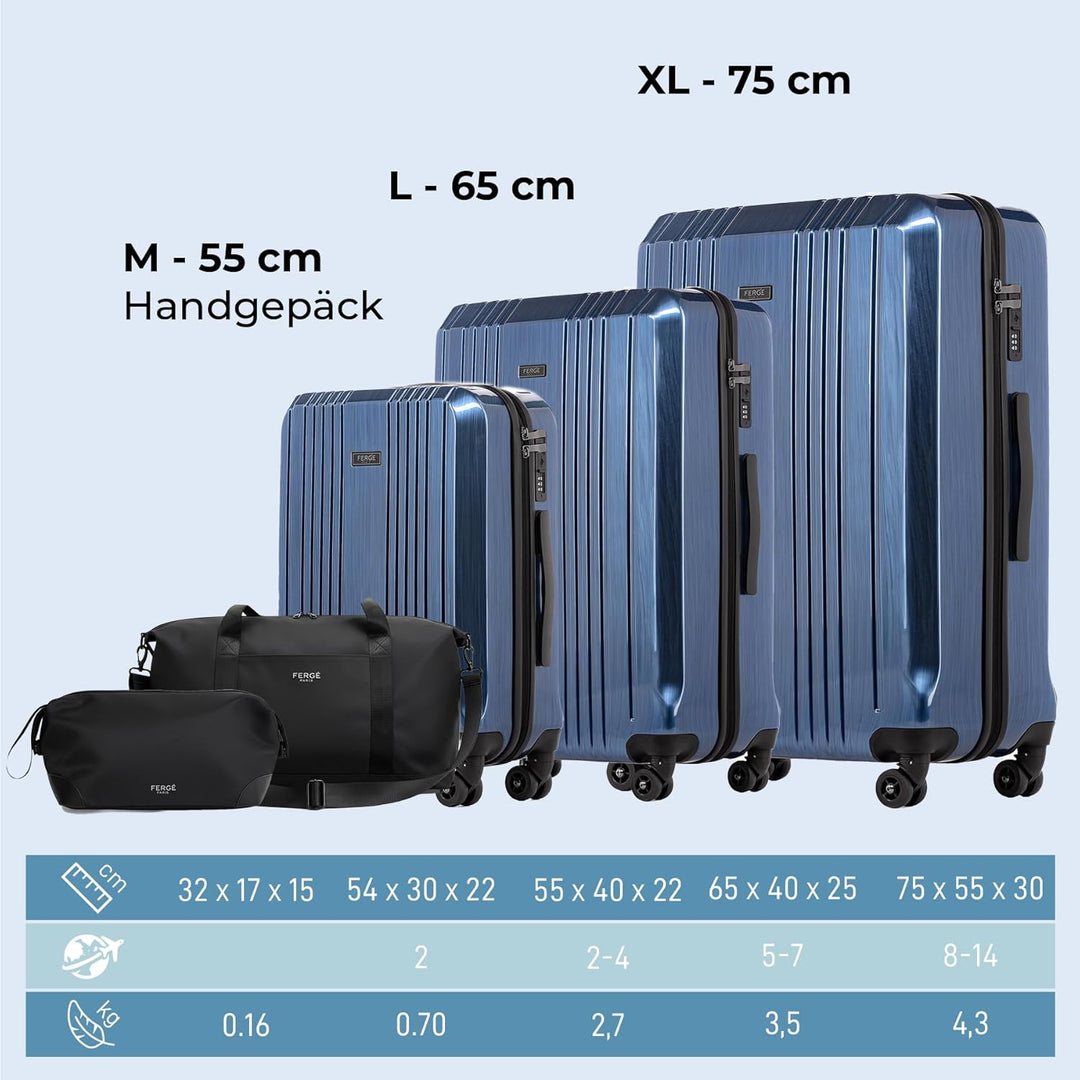 FERGÉ Polycarbonat 5-teilig Koffer Set 77cm, 67cm, Handgepäck Koffer mit Reisetasche Kombi, sehr rob