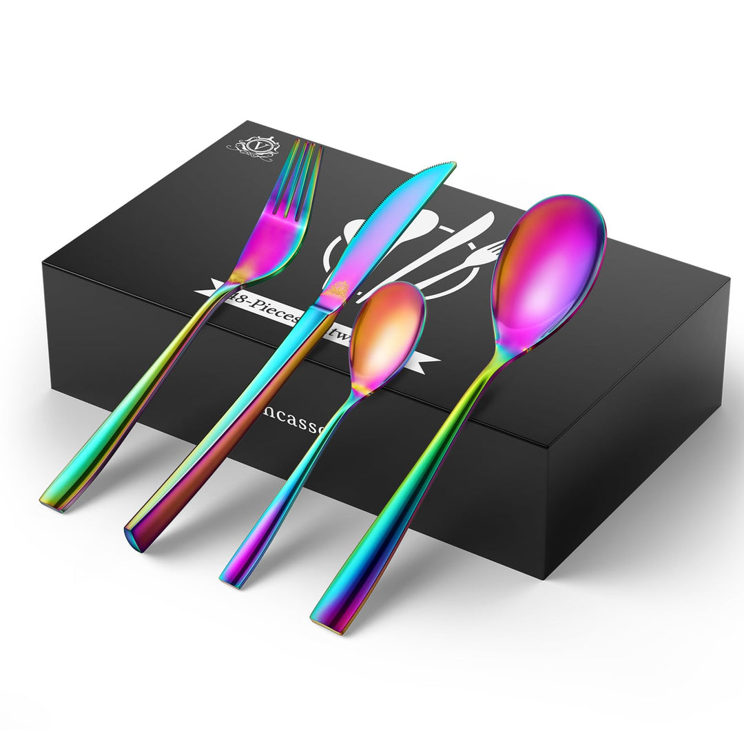 vancasso Besteckset 48-teilig aus Edelstahl, Regenbogen, Tafelbesteck, quadratisches Besteckset für