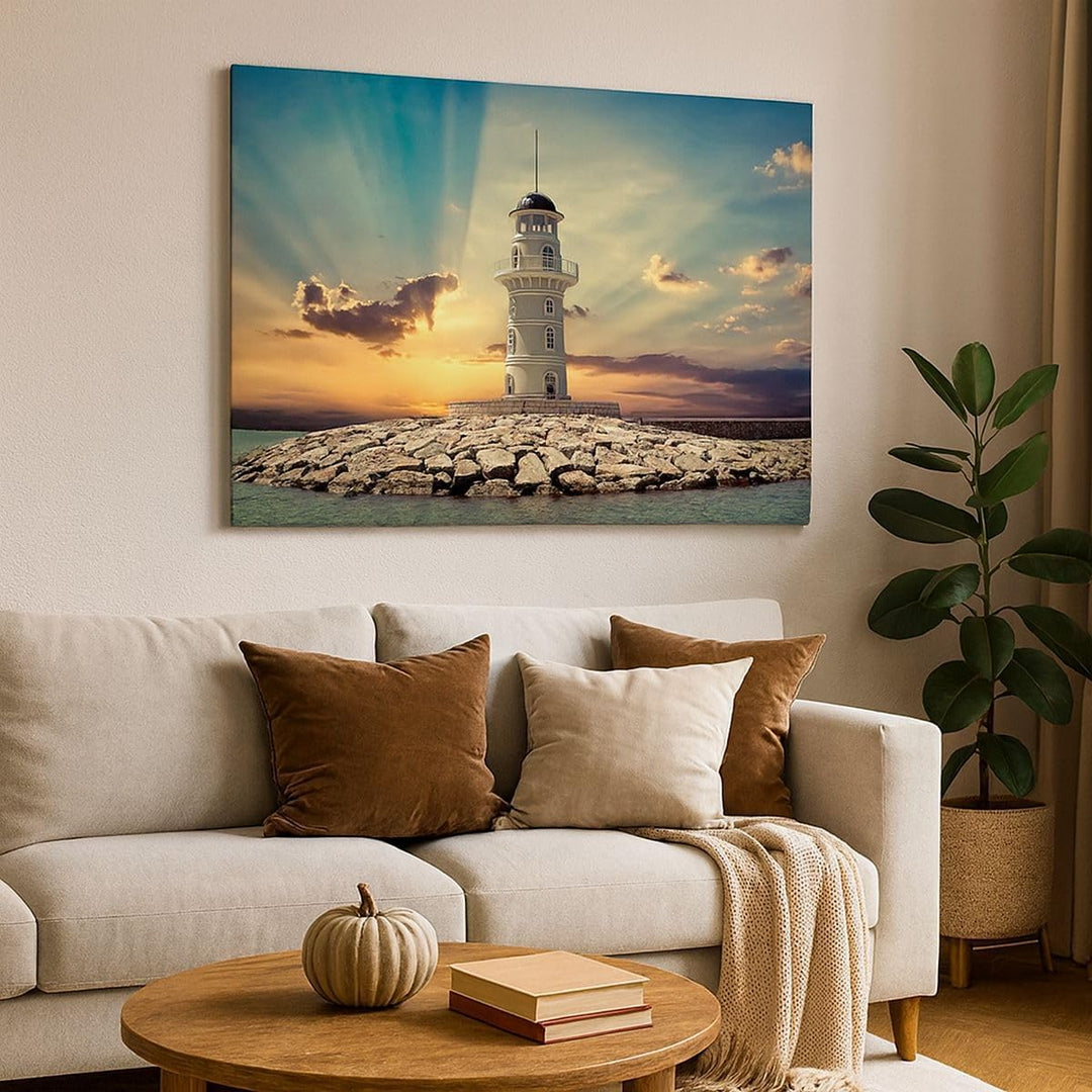 Bilder auf Leinwand 100x70cm Leinwandbild Leuchtturm Wasser Meer Steine Gross Wanddeko Bild Schlafzi