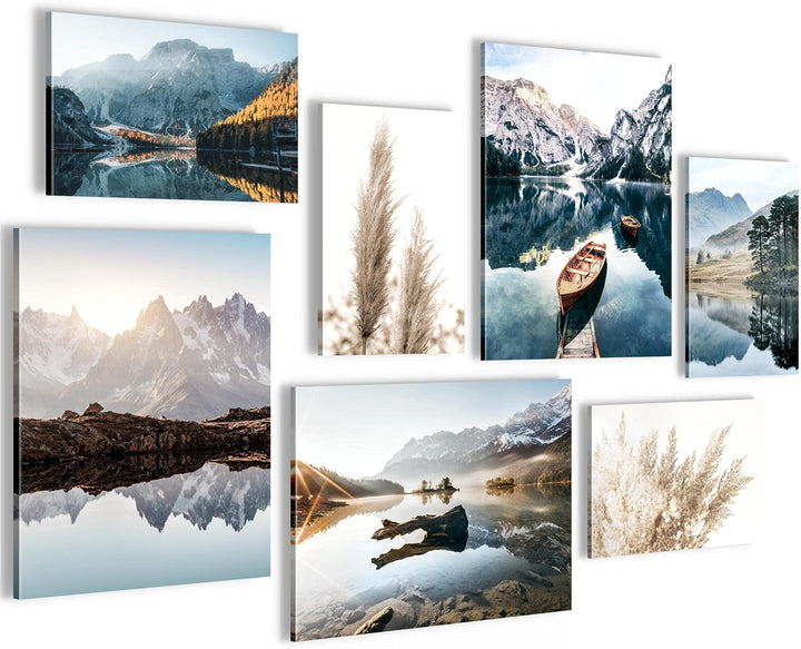 Novart Wandbilder See Berge blau - KOMPLETT AUFHÄNGFERTIG - Natur Wohnzimmer Schlafzimmer- 7 Moderne