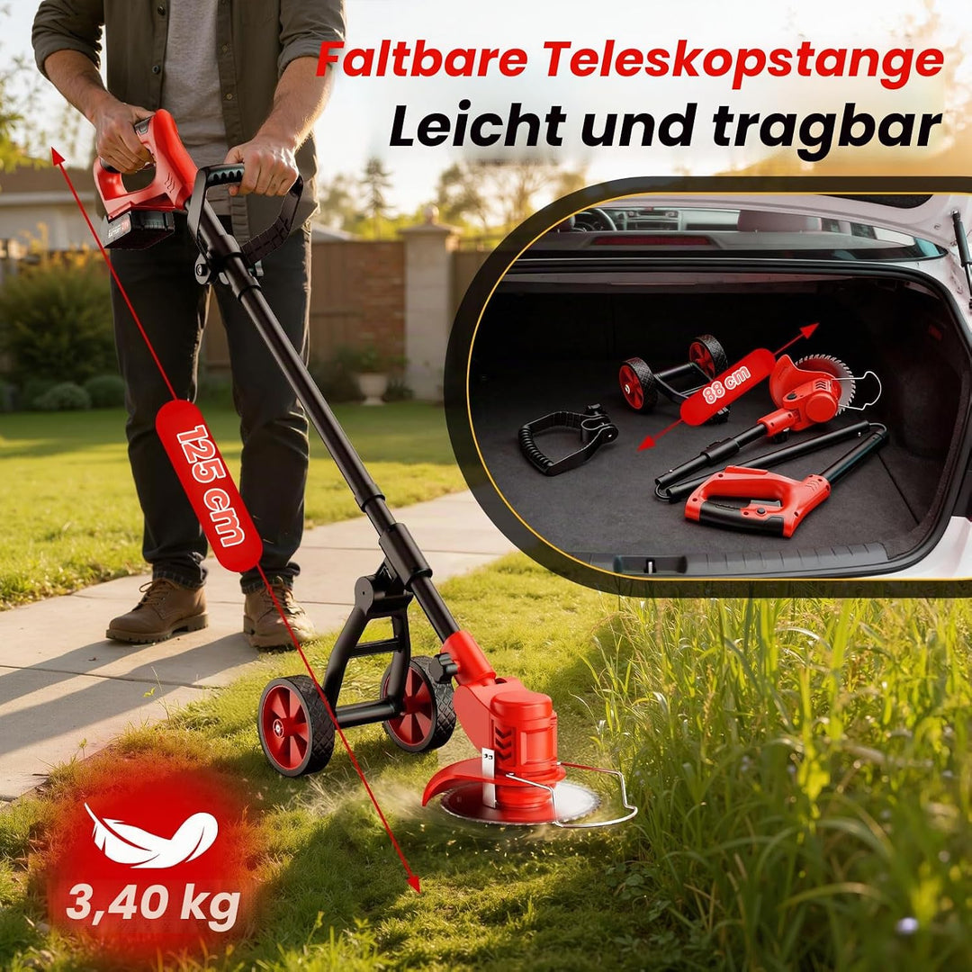 4 in 1 Rasentrimmer mit Akku,Rasenkantenschneider mit 2 × 2,0 Ah Batterie und Ladegerät,90°Drehkopf,