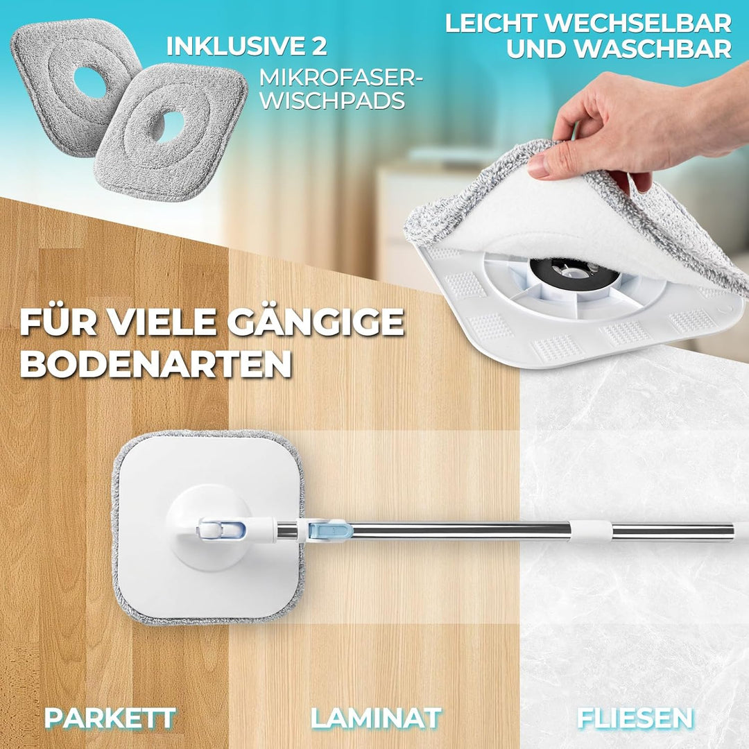 Wischmopp Set mit Eimer, Flachmopp mit Doppelkammer-System zur Trennung von Schmutz- und Frischwasse