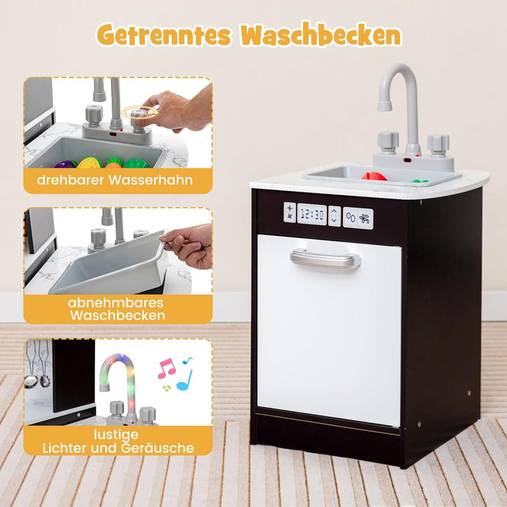 COSTWAY Kinderküche Holz, Spielküche Eck mit Licht und Sound, Holzküche mit Tafel & Spüle & Ofen, in